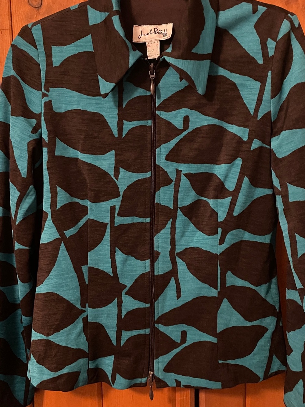 Joseph Ribkoff Turquoise Brown Abstract Print Zip Jacket Size 8